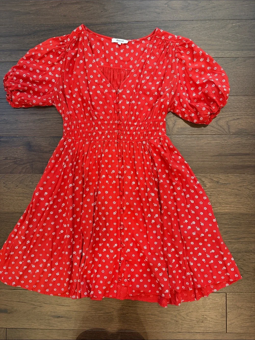 MADEWELL Puff Sleeve Buttonfront Retro Mini Dress In Bandana Red Medium - C1-100